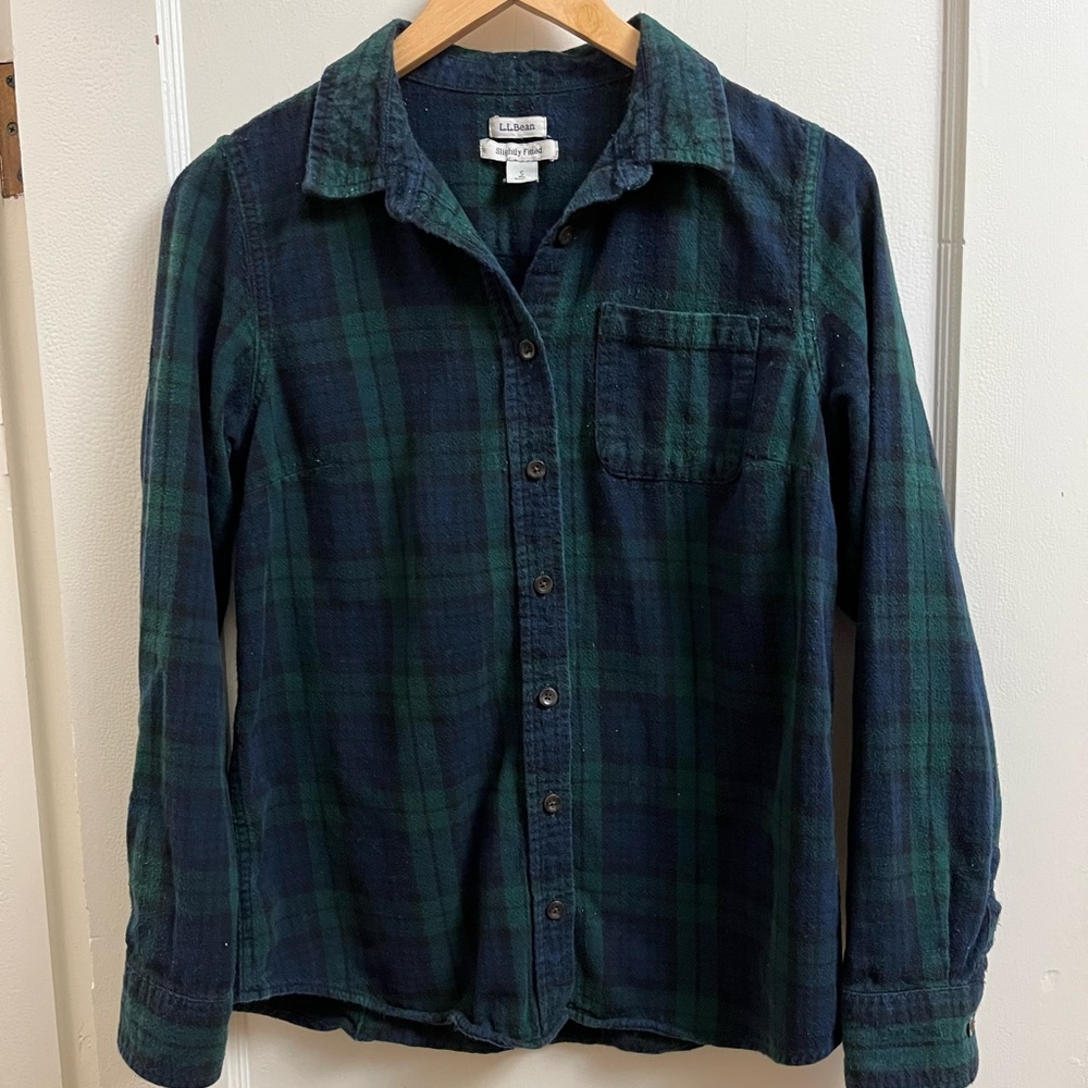 LL Bean Women’s Scotch Plaid Flannel in Black Watch, Slightly Fitted S